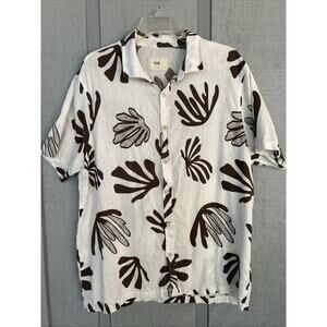 Folk Clothing Shirt Mens Large Ivory Leaf Print Hawaiian Camp Woven Cotton